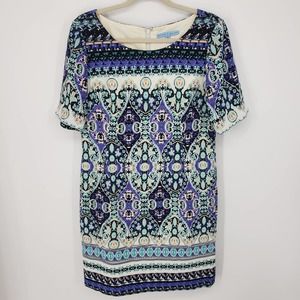 Antonio Melani Kaleidoscope Shift Dress 8 Short Sleeve Geometric Blue Black Geo